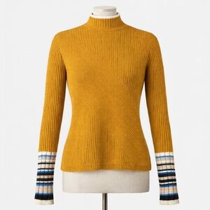 Ribbed 100% Wool Mock Neck Fitted Sweater‎ Size L Mustard Yellow Quiet Luxury